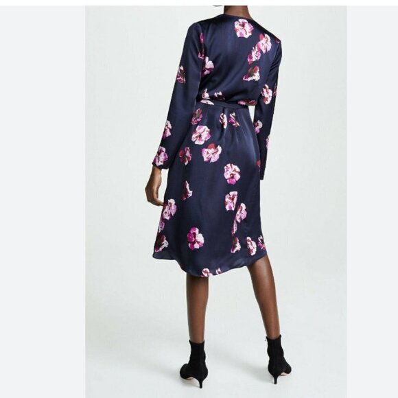 JOIE MILTONA NAVY SATIN PINK FLORAL SHORT SLEEVE WRAP DRESS - XS - Picture 2 of 12